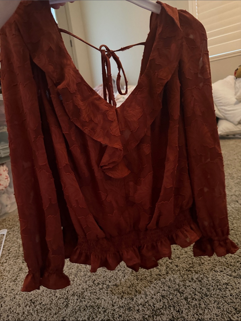 Anthropologie Textured Ruffle Blouse - Rust Orange